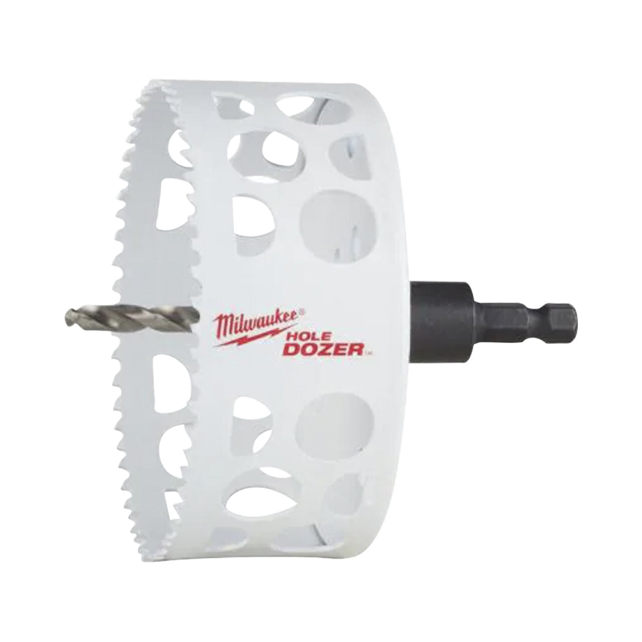 The Go Build 4-1/4 in. Hole Dozer Bi-Metal Hole Saw with 3/8 in. arbor and pilot bit features durable jagged teeth and ventilation holes, ideal for power drills. Brand slogan: The Fastest Way To Build.